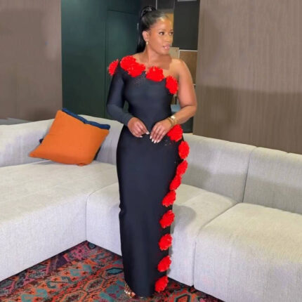 One Shoulder Beaded Evening Dress
