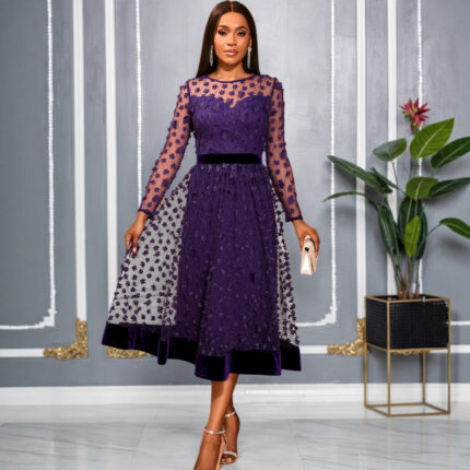 Plum Blossom Long Sleeve Midi Dress